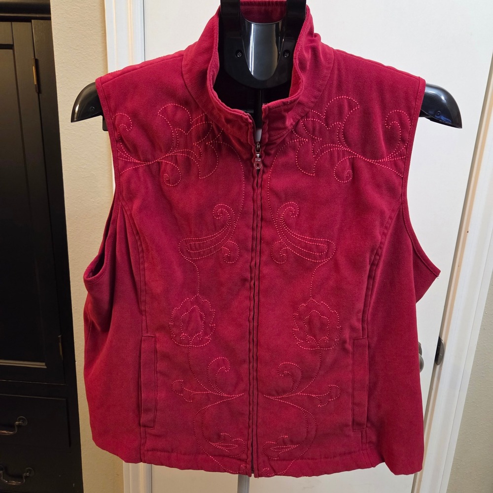 CityBlues by Koret Red Embroidered Petite Vest Womens Full Zip Collar Casual